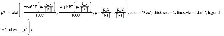 p7 := plot([(1/1000)*wspSPT(p, t_c/Unit('K')), (1/1000)*wspHPT(p, t_c/Unit('K')), p = p_1/Unit('Pa') .. p_2/Unit('Pa')], color = "Red", thickness = 1, linestyle = "dash", legend = "Isoterm t_c")