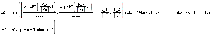 p6 := plot([(1/1000)*wspSPT(p_c/Unit('Pa'), t), (1/1000)*wspHPT(p_c/Unit('Pa'), t), t = t_1/Unit('K') .. t_2/Unit('K')], color = "Black", thickness = 1, thickness = 1, linestyle = "dash", legend = "Isobar p_c")