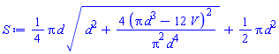(1/4)*Pi*d*(d^2+4*(Pi*d^3-12*V)^2/(Pi^2*d^4))^(1/2)+(1/2)*Pi*d^2
