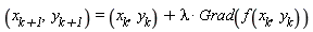 (`x__k+1`, `y__k+1`) = (x__k, y__k)+lambda*Grad(f(x__k, y__k))