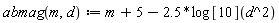 "abmag(m,d):= m+5-2.5*log[10](d^2)"