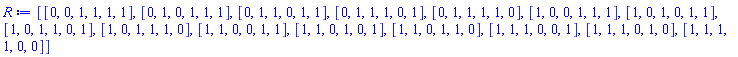 [[0, 0, 1, 1, 1, 1], [0, 1, 0, 1, 1, 1], [0, 1, 1, 0, 1, 1], [0, 1, 1, 1, 0, 1], [0, 1, 1, 1, 1, 0], [1, 0, 0, 1, 1, 1], [1, 0, 1, 0, 1, 1], [1, 0, 1, 1, 0, 1], [1, 0, 1, 1, 1, 0], [1, 1, 0, 0, 1, 1], [1, 1, 0, 1, 0, 1], [1, 1, 0, 1, 1, 0], [1, 1, 1, 0, 0, 1], [1, 1, 1, 0, 1, 0], [1, 1, 1, 1, 0, 0]]