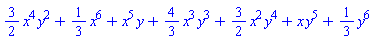(3/2)*x^4*y^2+(1/3)*x^6+x^5*y+(4/3)*x^3*y^3+(3/2)*x^2*y^4+x*y^5+(1/3)*y^6