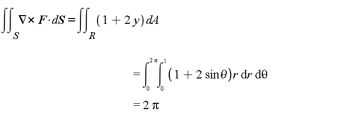 "&int;(&int;)[S]&nabla;*F*dS= &int;(&int;)[R](1+2 y)dA                                                =(&int;)[0]^(2 Pi)(&int;)[0]^(1)(1+2 sintheta)r &DifferentialD;r &DifferentialD;theta                                              = 2 Pi"
