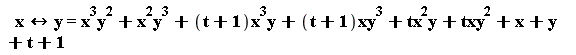 `&harr;`(x, y) and y = x^3*y^2+x^2*y^3+(t+1)*x^3*y+(t+1)*xy^3+tx^2*y+txy^2+x+y+t+1