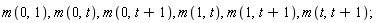 m(0, 1), m(0, t), m(0, t+1), m(1, t), m(1, t+1), m(t, t+1)