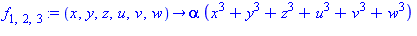 f[1, 2, 3] := proc (x, y, z, u, v, w) options operator, arrow; alpha*(x^3+y^3+z^3+u^3+v^3+w^3) end proc