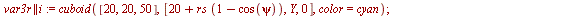 for i from 0 to 7 do `assign`(Y, `+`(`*`(3, `*`(i)), Float(19, -1))); `assign`(psi, arcsin(`/`(`*`(Y), `*`(rs)))); `assign`(var1r || i, cuboid([70, 0, 50], [`+`(20, `*`(rs, `*`(`+`(1, `-`(cos(psi)))))...