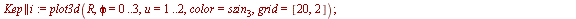 for i to 6 do `assign`(kep || i, plot3d(r, phi = 0 .. 3, u = 1 .. 2, color = szin[2], grid = [20, 6])); `assign`(Kep || i, plot3d(R, phi = 0 .. 3, u = 1 .. 2, color = szin[3], grid = [20, 2])); `assig...