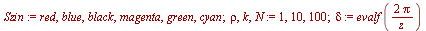 `assign`(Szin, red, blue, black, magenta, green, cyan); `assign`(rho, k, N, 1, 10, 100); `assign`(delta, evalf(`/`(`*`(2, `*`(Pi)), `*`(z))))