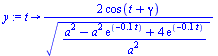 Typesetting:-mprintslash([`assign`(y, proc (t) options operator, arrow; `+`(`/`(`*`(2, `*`(cos(`+`(t, gamma)))), `*`(sqrt(`/`(`*`(`+`(`*`(`^`(a, 2)), `-`(`*`(`^`(a, 2), `*`(exp(`+`(`-`(`*`(.1, `*`(t))...