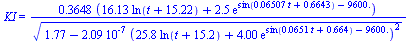 KI = `+`(`/`(`*`(.3648, `*`(`+`(`*`(16.13, `*`(ln(`+`(t, 15.22)))), `*`(2.5, `*`(exp(`+`(sin(`+`(`*`(0.6507e-1, `*`(t)), .6643)), `-`(9600.)))))))), `*`(`^`(`+`(1.77, `-`(`*`(0.209e-6, `*`(`^`(`+`(`*`...