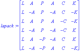 lapack := MATRIX([[L, A, P, A, C, K], [L, -A, P, -A...