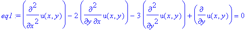 eq1 := diff(u(x,y),`$`(x,2))-2*diff(u(x,y),x,y)-3*diff(u(x,y),`$`(y,2))+diff(u(x,y),y) = 0