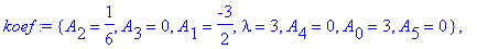 koef := {A[2] = 1/6, A[3] = 0, A[1] = -3/2, lambda = 3, A[4] = 0, A[0] = 3, A[5] = 0}, {A[1] = -3, A[2] = 2/3, lambda = 4, A[4] = 0, A[3] = -1/24, A[0] = 4, A[5] = 0}, {lambda = 1, A[3] = 0, A[4] = 0, ...