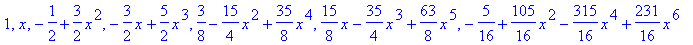 1, x, -1/2+3/2*x^2, -3/2*x+5/2*x^3, 3/8-15/4*x^2+35/8*x^4, 15/8*x-35/4*x^3+63/8*x^5, -5/16+105/16*x^2-315/16*x^4+231/16*x^6