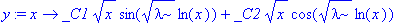 y := proc (x) options operator, arrow; _C1*sqrt(x)*sin(sqrt(lambda)*ln(x))+_C2*sqrt(x)*cos(sqrt(lambda)*ln(x)) end proc
