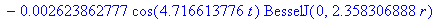 sol := .1385027827*cos(.9619302232*t)*BesselJ(0,.4809651116*r)-.1747218817e-1*cos(2.208031244*t)*BesselJ(0,1.104015622*r)+.5684558837e-2*cos(3.461491165*t)*BesselJ(0,1.730745583*r)-.2623862777e-2*cos(4...