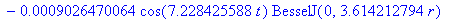 sol := .1385027827*cos(.9619302232*t)*BesselJ(0,.4809651116*r)-.1747218817e-1*cos(2.208031244*t)*BesselJ(0,1.104015622*r)+.5684558837e-2*cos(3.461491165*t)*BesselJ(0,1.730745583*r)-.2623862777e-2*cos(4...