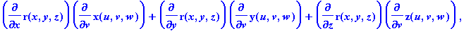 DfDg := matrix([[diff(r(x,y,z),x)*diff(x(u,v,w),u)+...
