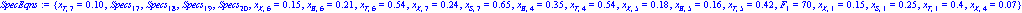 SpecEqns := {x[T, 7] = .10, Specs[17], Specs[18], Specs[19], Specs[20], x[X, 6] = .15, x[B, 6] = .21, x[T, 6] = .54, x[X, 7] = .24, x[S, 7] = .65, x[B, 4] = .35, x[T, 4] = .54, x[X, 5] = .18, x[B, 5] ...