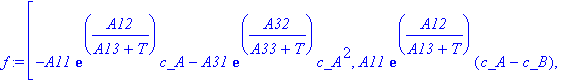f := [-A11*exp(A12/(A13+T))*c_A-A31*exp(A32/(A33+T)...