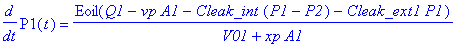 diff(P1(t),t) = Eoil(Q1-vp*A1-Cleak_int*(P1-P2)-Cleak_ext1*P1)/(V01+xp*A1)