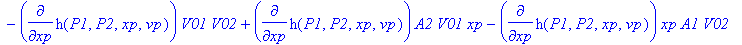 pdes := [diff(h(P1,P2,xp,vp),P1)+diff(h(P1,P2,xp,vp),P2), diff(h(P1,P2,xp,vp),vp), -(diff(h(P1,P2,xp,vp),P1)*Eoil*A1*V02-diff(h(P1,P2,xp,vp),P1)*Eoil*A1*xp*A2-diff(h(P1,P2,xp,vp),P2)*Eoil*A2*V01-diff(h...