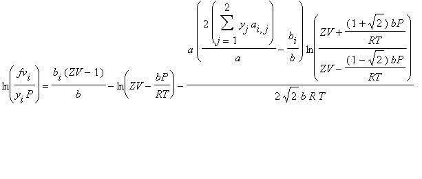 ln(fv[i]/(y[i]*P)) = b[i]*(ZV-1)/b-ln(ZV-bP/RT)-a*(...