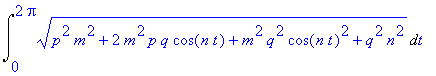 Int(sqrt(p^2*m^2+2*m^2*p*q*cos(n*t)+m^2*q^2*cos(n*t...