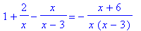 1+2/x-x/(x-3) = -(x+6)/(x*(x-3))