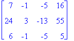 matrix([[7, -1, -5, 16], [24, 3, -13, 55], [6, -1, ...