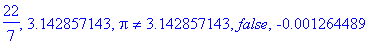 22/7, 3.142857143, Pi <> 3.142857143, false, -.1264...