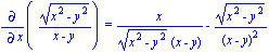 Diff((x^2-y^2)^(1/2)/(x-y), x) = x/((x^2-y^2)^(1/2)*(x-y))-(x^2-y^2)^(1/2)/(x-y)^2