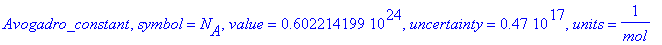 Avogadro_constant, symbol = N[A], value = .602214199e24, uncertainty = .47e17, units = 1/mol