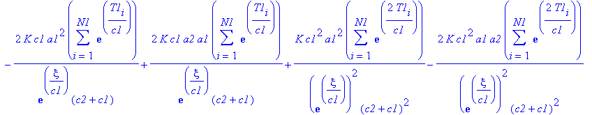 s1 := K*sum(M1[i]^2,i = 1 .. N1)-2*K*a1*sum(M1[i],i = 1 .. N1)+2*K/exp(xi/c1)/(c2+c1)*c1*a1*sum(exp(T1[i]/c1)*M1[i],i = 1 .. N1)-2*K/exp(xi/c1)/(c2+c1)*c1*a2*sum(exp(T1[i]/c1)*M1[i],i = 1 .. N1)+K*a1^2...