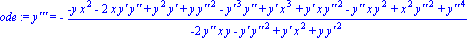 ode := `y'''` = -(-y*x^2-2*x*`y'`*`y''`+y^2*`y'`+y*`y''`^2-`y'`^3*`y''`+`y'`*x^3+`y'`*x*`y''`^2-`y''`*x*y^2+x^2*`y''`^2+`y''`^4)/(-2*`y''`*x*y-`y'`*`y''`^2+`y'`*x^2+y*`y'`^2)