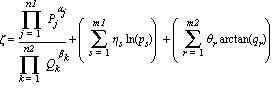 zeta = (product(P[j]^alpha[j], j = 1 .. n1))/(product(Q[k]^beta[k], k = 1 .. n2))+(sum(eta[s]*ln(p[s]), s = 1 .. m1))+(sum(theta[r]*arctan(q[r]), r = 1 .. m2))