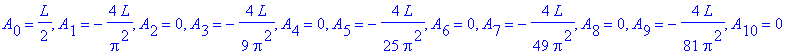 A[0] = 1/2*L, A[1] = -4*L/Pi^2, A[2] = 0, A[3] = -4/9*L/Pi^2, A[4] = 0, A[5] = -4/25*L/Pi^2, A[6] = 0, A[7] = -4/49*L/Pi^2, A[8] = 0, A[9] = -4/81*L/Pi^2, A[10] = 0