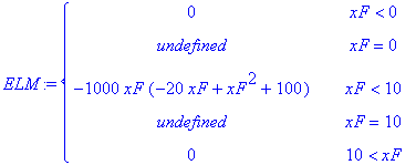 ELM := PIECEWISE([0, xF < 0],[undefined, xF = 0],[-1000*xF*(-20*xF+xF^2+100), xF < 10],[undefined, xF = 10],[0, 10 < xF])