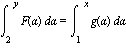 int(F(alpha), alpha = 2 .. y) = int(g(alpha), alpha = 1 .. x)