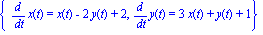 {diff(x(t), t) = x(t)-2*y(t)+2, diff(y(t), t) = 3*x(t)+y(t)+1}