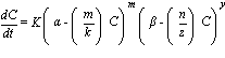 dC/dt = K*(alpha-``(m/k)*C)^m*(beta-``(n/z)*C)^y