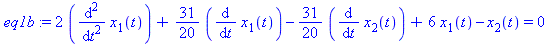 2*(diff(diff(x[1](t), t), t))+31/20*(diff(x[1](t), t))-31/20*(diff(x[2](t), t))+6*x[1](t)-x[2](t) = 0