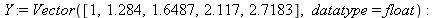 Y := Vector([1, 1.284, 1.6487, 2.117, 2.7183], datatype = float); -1