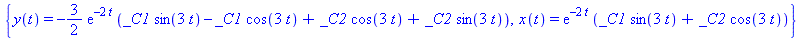 {y(t) = -3/2*exp(-2*t)*(_C1*sin(3*t)-_C1*cos(3*t)+_C2*cos(3*t)+_C2*sin(3*t)), x(t) = exp(-2*t)*(_C1*sin(3*t)+_C2*cos(3*t))}