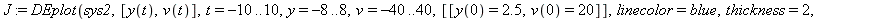 J := DEplot(sys2, [y(t), v(t)], t = -10 .. 10, y = -8 .. 8, v = -40 .. 40, [[y(0) = 2.5, v(0) = 20]], linecolor = blue, thickness = 2, stepsize = 0.1e-1, arrows = medium, color = red)