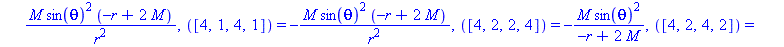[([1, 2, 1, 2]) = -2*M/r^3, ([1, 2, 2, 1]) = 2*M/r^3, ([1, 3, 1, 3]) = -M*(-r+2*M)/r^2, ([1, 3, 3, 1]) = M*(-r+2*M)/r^2, ([1, 4, 1, 4]) = -M*sin(theta)^2*(-r+2*M)/r^2, ([1, 4, 4, 1]) = M*sin(theta)^2*...