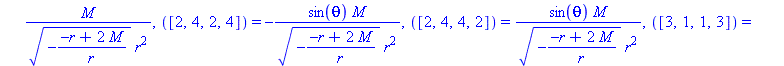 [([1, 2, 1, 2]) = 2*M/r^3, ([1, 2, 2, 1]) = 2*M/r^3, ([1, 3, 1, 3]) = -M*(-(-r+2*M)/r)^(1/2)/r^2, ([1, 3, 3, 1]) = -M*(-(-r+2*M)/r)^(1/2)/r^2, ([1, 4, 1, 4]) = -M*(-(-r+2*M)/r)^(1/2)*sin(theta)/r^2, (...