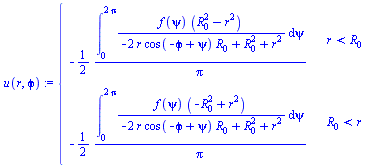 piecewise(`<`(r, R[0]), `+`(`-`(`/`(`*`(`/`(1, 2), `*`(int(`/`(`*`(f(psi), `*`(`+`(`*`(`^`(R[0], 2)), `-`(`*`(`^`(r, 2)))))), `*`(`+`(`-`(`*`(2, `*`(r, `*`(cos(`+`(`-`(`ϕ`), psi)), `*`(R[0]))))...